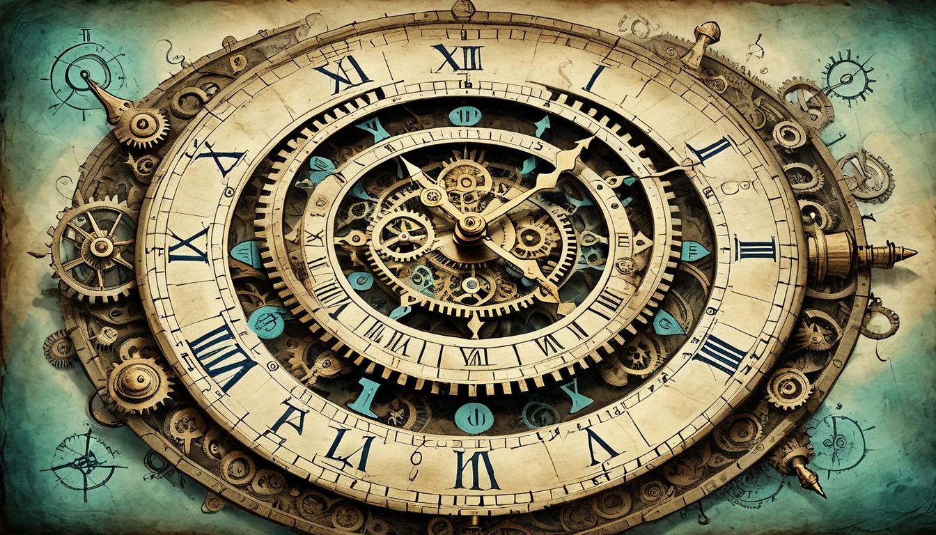  on parchment, surrealism+++, An ancient clock with multiple dials, surrounded by faintly glowing runes, gears and cogs meticulously arranged, flow of time is emphasized, ancient wisdom of time management(mysterious, provocative, symbolic,muted color)+++