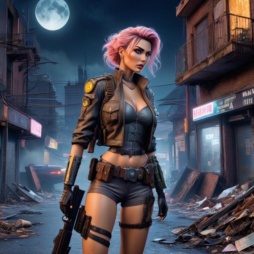  retro game art The terrifying cyborg girl with tangled hair: 1.3, stepped out hunting in an abandoned city, (a belt of ammunition around her waist: 1.4), (a shotgun raised above her head: 1.3), debris, trash, and bones are scattered on the street, midnight, (a menacing moon in the sky: 1.3), harshly illuminating the city, 8k, full body. . 16 bit, vibrant colors, pixelated, nostalgic, charming, fun hyperrealistic, full body, detailed clothing, highly detailed, cinematic lighting, stunningly beautiful, intricate, sharp focus, f/1. 8, 85mm, (centered image composition), (professionally color graded), ((bright soft diffused light)), volumetric fog, trending on instagram, trending on tumblr, HDR 4K, 8K