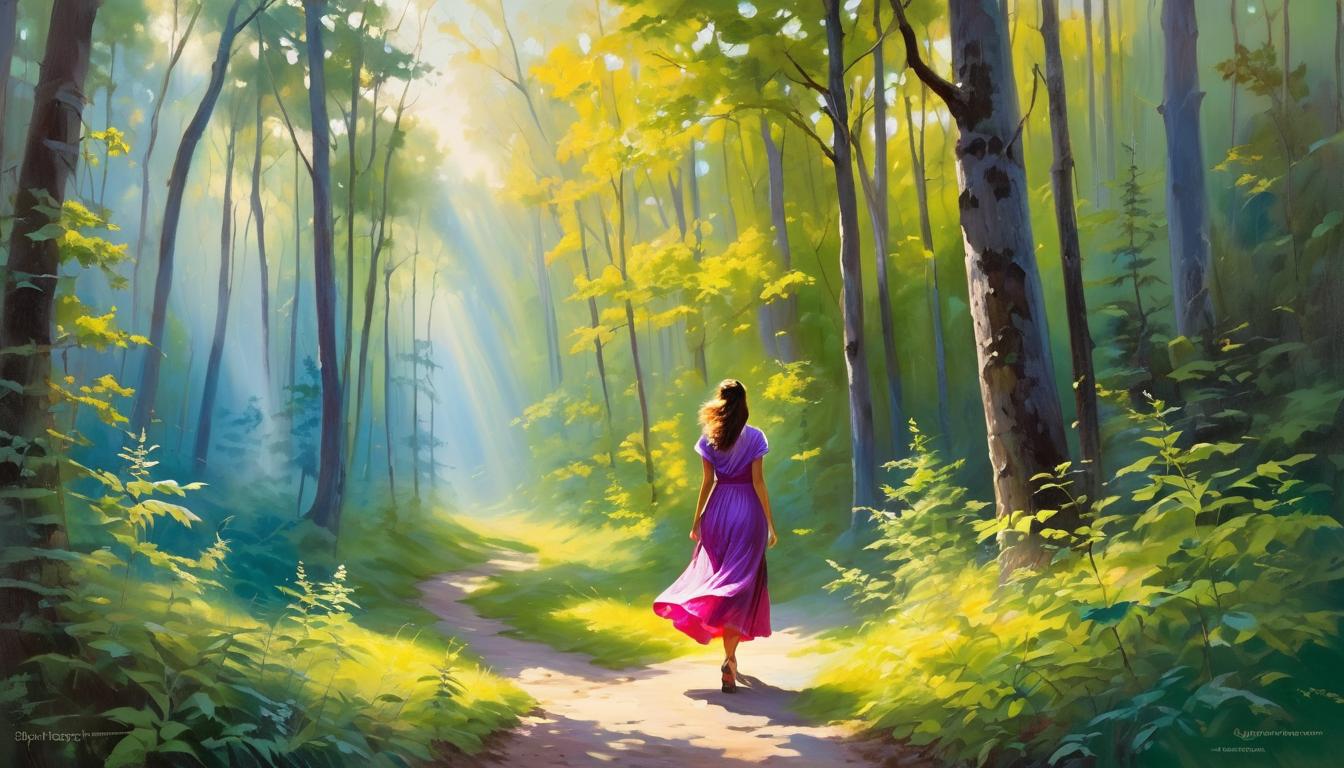  oil paintingbright figure of an attractive woman, shining with inner light, walking through a dim forest, trees parting in her path, ethereal and inspiring(energetic brushwork, bold vibrant colors, expressive, emotional,bold brush, oil stroke, raw, emotional, dynamic, distortion for emotional effect, detailed,beautiful, loose brushwork, light and shadow play, captures feeling over form, balanced color