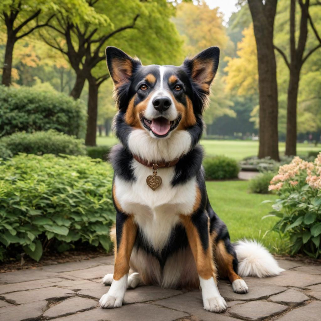  An image of a joyful dog named Winnie, wagging her tail happily in a beautiful park setting. hyperrealistic, full body, detailed clothing, highly detailed, cinematic lighting, stunningly beautiful, intricate, sharp focus, f/1. 8, 85mm, (centered image composition), (professionally color graded), ((bright soft diffused light)), volumetric fog, trending on instagram, trending on tumblr, HDR 4K, 8K