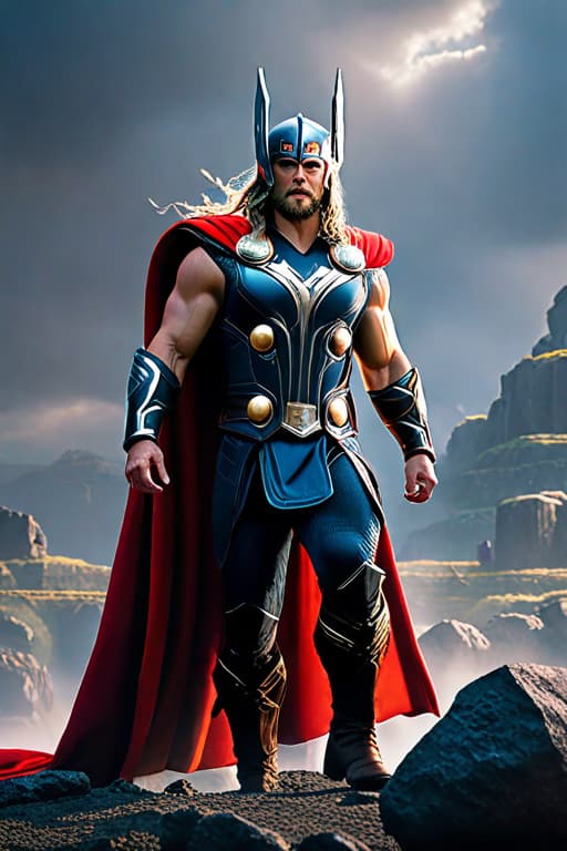  Thor hyperrealistic, full body, detailed clothing, highly detailed, cinematic lighting, stunningly beautiful, intricate, sharp focus, f/1. 8, 85mm, (centered image composition), (professionally color graded), ((bright soft diffused light)), volumetric fog, trending on instagram, trending on tumblr, HDR 4K, 8K