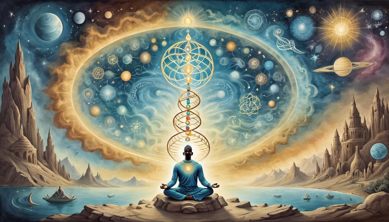  on parchment, surrealism+++, Enlightened human figure meditating, radiant aura influencing DNA strands, cosmic light pouring into the scene, transcendental and empowered(mysterious, provocative, symbolic,muted color)+++