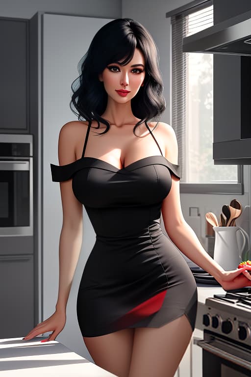  1, housewife, shortie , cute, , black hair, messy hair, red eyes, dress, short dress, bare shoulders, deep age, very large s, narrow waist, wide hips, looking at viewer, kitchen background, cooking, solo hyperrealistic, full body, detailed clothing, highly detailed, cinematic lighting, stunningly beautiful, intricate, sharp focus, f/1. 8, 85mm, (centered image composition), (professionally color graded), ((bright soft diffused light)), volumetric fog, trending on instagram, trending on tumblr, HDR 4K, 8K