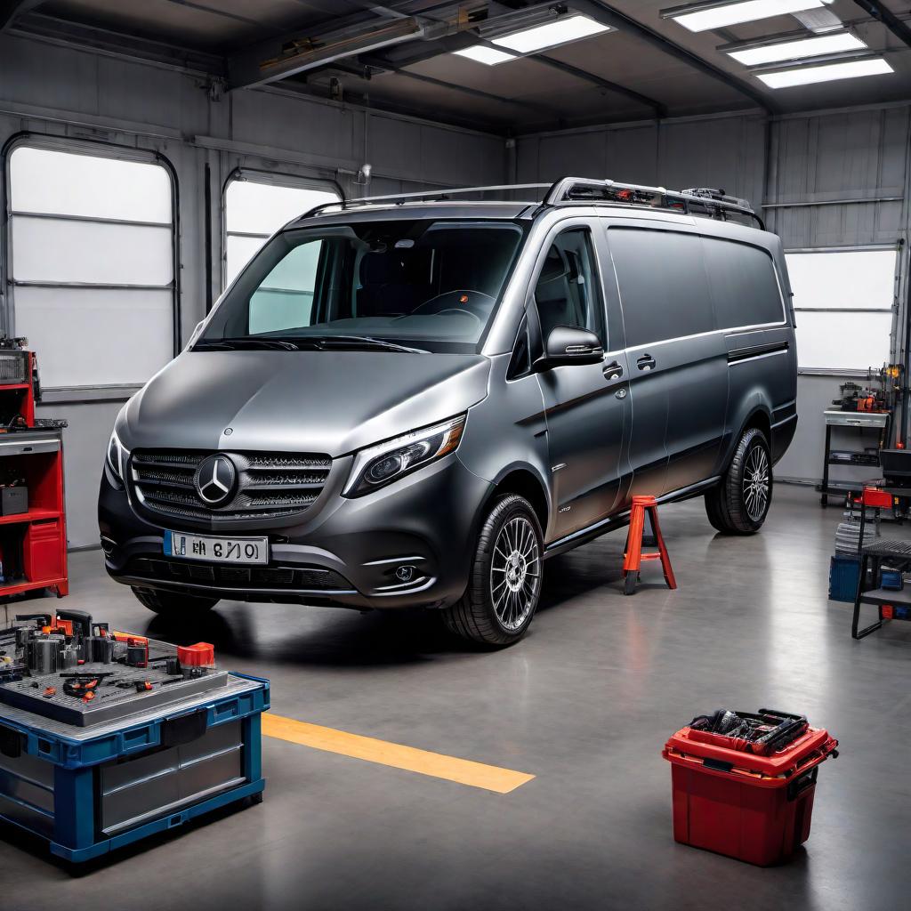  mechanics working inside a 2020 Mercedes Benz Metris cargo van. The interior of the van is customized into a fully-equipped mobile workshop. Various high-end tools and equipment are neatly arranged, and the mechanics are in professional uniforms, carefully working on different parts or conducting repairs inside the van. The setting should be well-lit, showcasing the advanced setup and the efficiency of the mobile workshop. hyperrealistic, full body, detailed clothing, highly detailed, cinematic lighting, stunningly beautiful, intricate, sharp focus, f/1. 8, 85mm, (centered image composition), (professionally color graded), ((bright soft diffused light)), volumetric fog, trending on instagram, trending on tumblr, HDR 4K, 8K