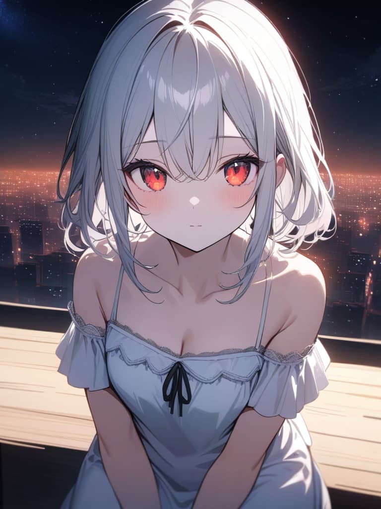  Cute, girl, young face, white skin, thin body, fluffy hair, white hair color, bright red eyes, large eyes, night, starry sky, camisole dress, long curl hair, beautiful scenery, masterpiece, best quality,8k,ultra detailed,high resolution,an extremely delicate and beautiful,hyper detail