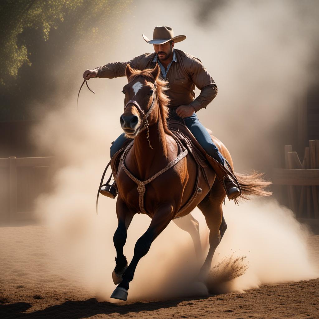  Redraw the image of a steer wrestler getting off the horse at full speed in shadow, with the hazer running straight towards the viewer. hyperrealistic, full body, detailed clothing, highly detailed, cinematic lighting, stunningly beautiful, intricate, sharp focus, f/1. 8, 85mm, (centered image composition), (professionally color graded), ((bright soft diffused light)), volumetric fog, trending on instagram, trending on tumblr, HDR 4K, 8K