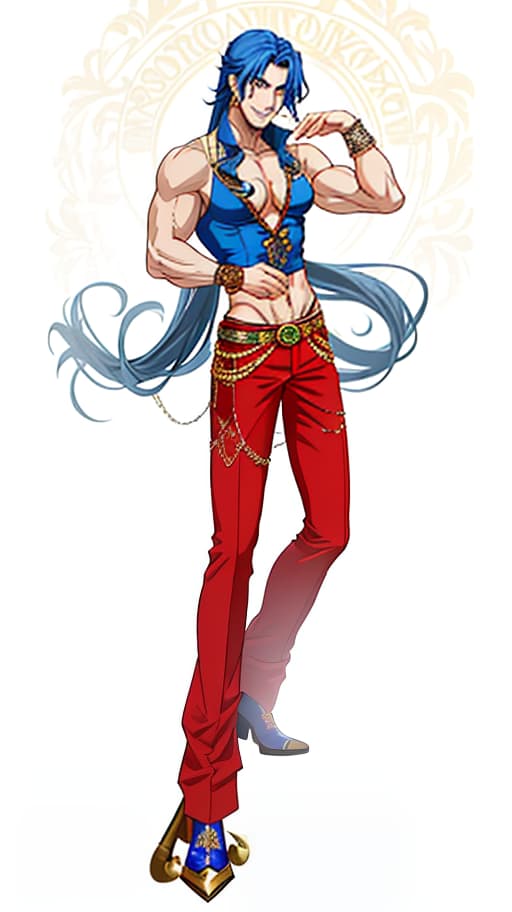  The Italian has a charming and charismatic personality, with a mischievous smile. His appearance combines the characteristics of a cowboy and a circus performer. He has long blue hair and a lean build with well defined muscles. He wears a blue top and red palazzo pants, and his clothes are full of details such as clasps and buckles. The style is in the anime semi realism genre., (intricate details:1.12), hdr, (intricate details, hyperdetailed:1.15) hyperrealistic, full body, detailed clothing, highly detailed, cinematic lighting, stunningly beautiful, intricate, sharp focus, f/1. 8, 85mm, (centered image composition), (professionally color graded), ((bright soft diffused light)), volumetric fog, trending on instagram, trending on tumblr, HDR 4K, 8K