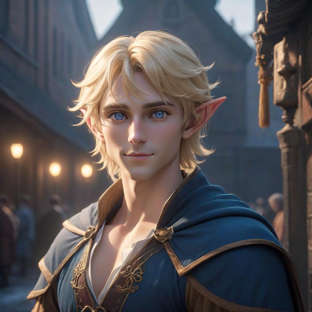  The guy is an elf with blond blond hair. The hair is short, slightly curly. The eyes are a bright deep dark blue color. The face is round. He's grinning. His eyes are slyly narrowed. hyperrealistic, full body, detailed clothing, highly detailed, cinematic lighting, stunningly beautiful, intricate, sharp focus, f/1. 8, 85mm, (centered image composition), (professionally color graded), ((bright soft diffused light)), volumetric fog, trending on instagram, trending on tumblr, HDR 4K, 8K