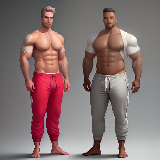  A full length, drunken, smiling, broad shouldered man of short stature, muscular. Pink eyes, bronze skin color, silver short cropped hair. Sporty, defiant, in red sweatpants hyperrealistic, full body, detailed clothing, highly detailed, cinematic lighting, stunningly beautiful, intricate, sharp focus, f/1. 8, 85mm, (centered image composition), (professionally color graded), ((bright soft diffused light)), volumetric fog, trending on instagram, trending on tumblr, HDR 4K, 8K