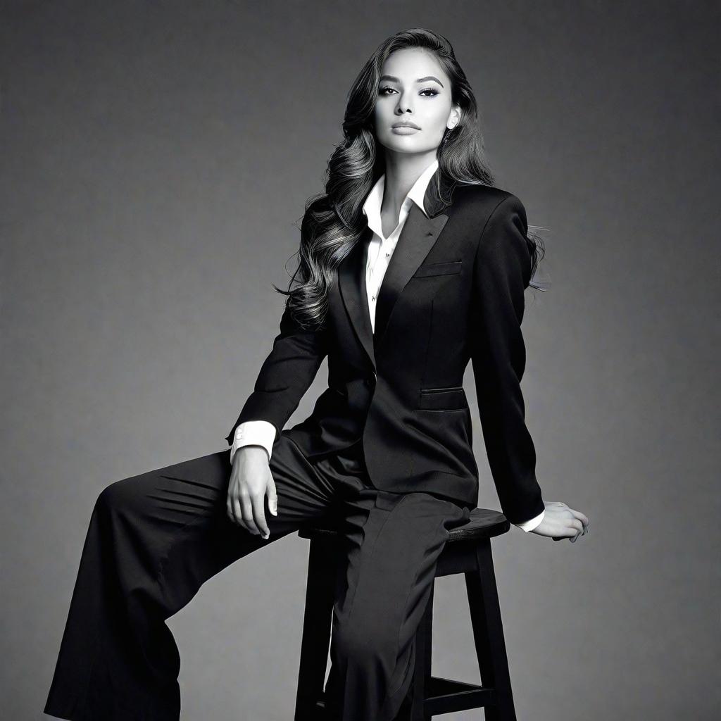  black and white photo, portrait, %GENDER% %AGERANGE% with long wavy straight hair posing sitting on a high bar stool with torso turned to the left and legs in a thinking position, looking at the camera, dressed in a large black jacket and wide leg black palazzo pants like a tuxedo, gray background