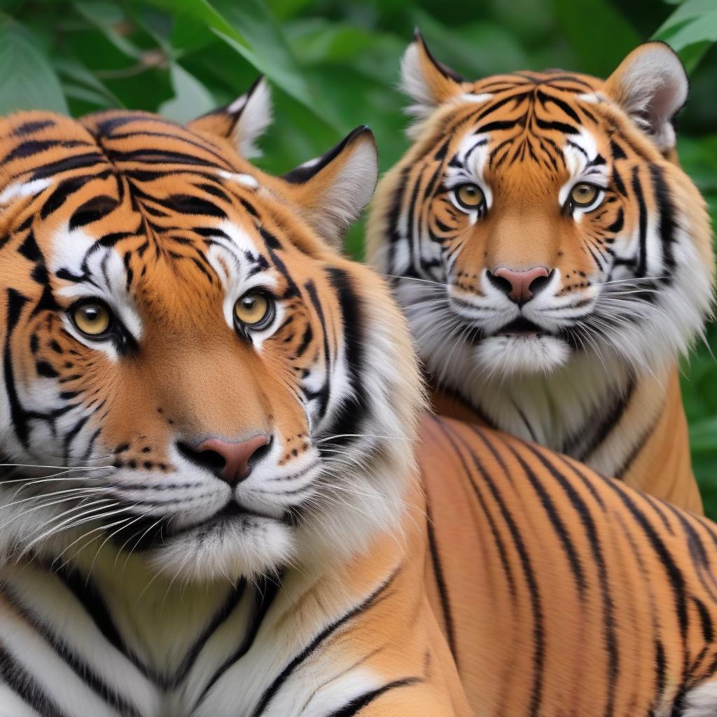  On the edge of the broad -leaved forest are the tiger of the Ussuri, a tigress, and the honey of them is a three -month tiger, a photorealistic picture with a high resolution