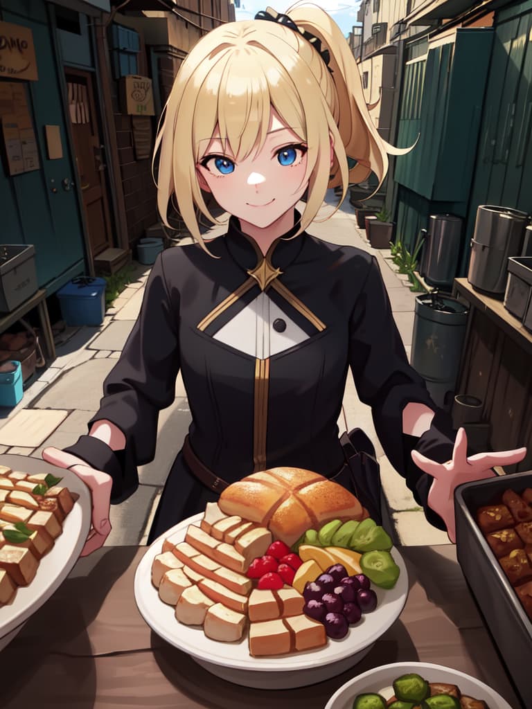  Bob, the back alley, covered with food, blonde, margin smile, masterpiece, best quality,8k,ultra detailed,high resolution,an extremely delicate and beautiful,hyper detail