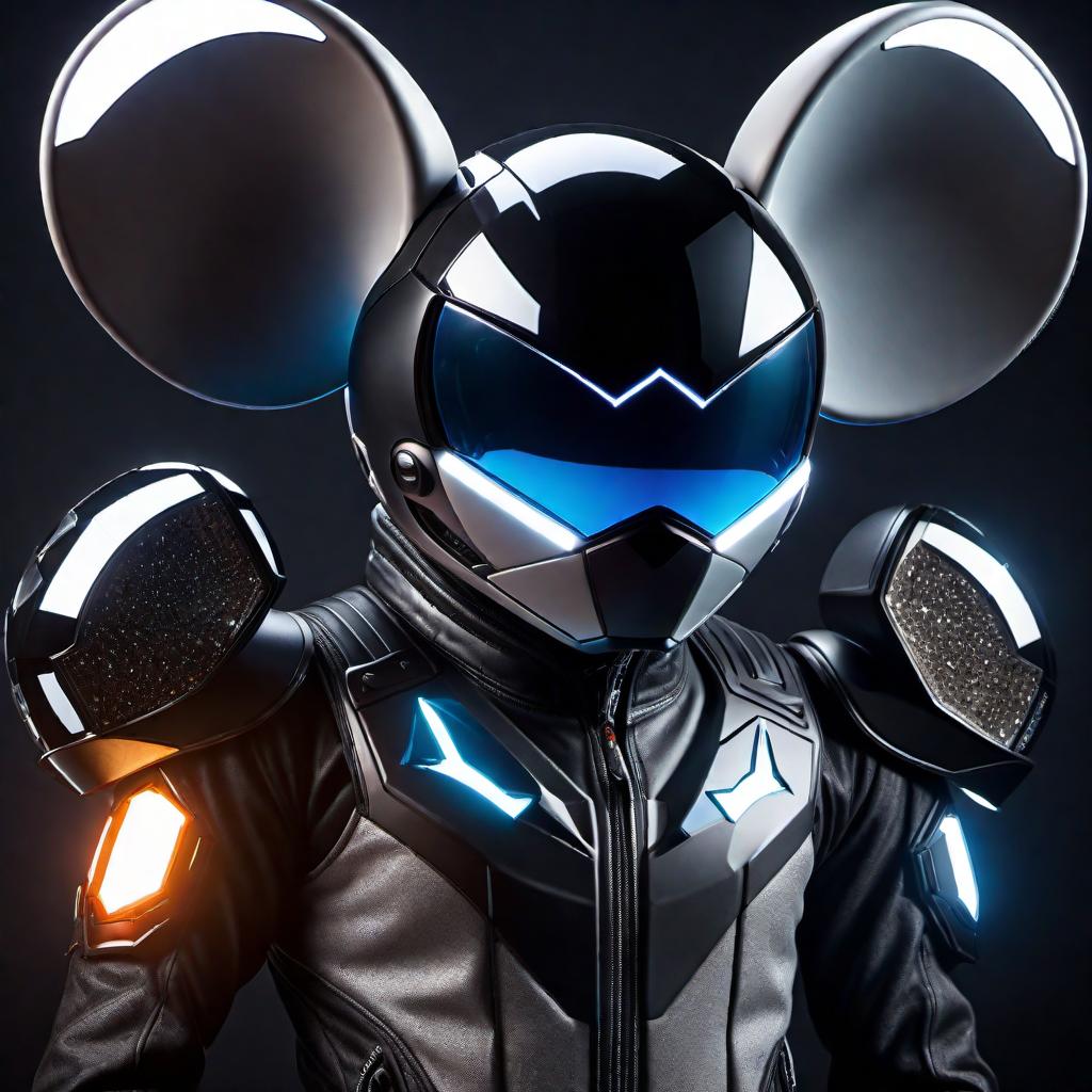  A stylized image of Deadmau5 with his iconic mouse head helmet, but the helmet is designed to look like it's made of diamond, with reflective, faceted surfaces and sparkling effects. The background is dark to make the diamond helmet stand out. hyperrealistic, full body, detailed clothing, highly detailed, cinematic lighting, stunningly beautiful, intricate, sharp focus, f/1. 8, 85mm, (centered image composition), (professionally color graded), ((bright soft diffused light)), volumetric fog, trending on instagram, trending on tumblr, HDR 4K, 8K