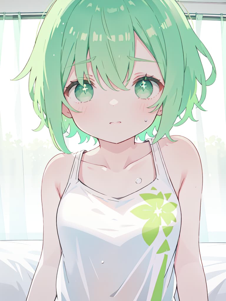  Green hair short hair girls sweaty white tank top, being pushed down by white sheets, the white tank top is transparent and transparent., masterpiece, best quality,8k,ultra detailed,high resolution,an extremely delicate and beautiful,hyper detail