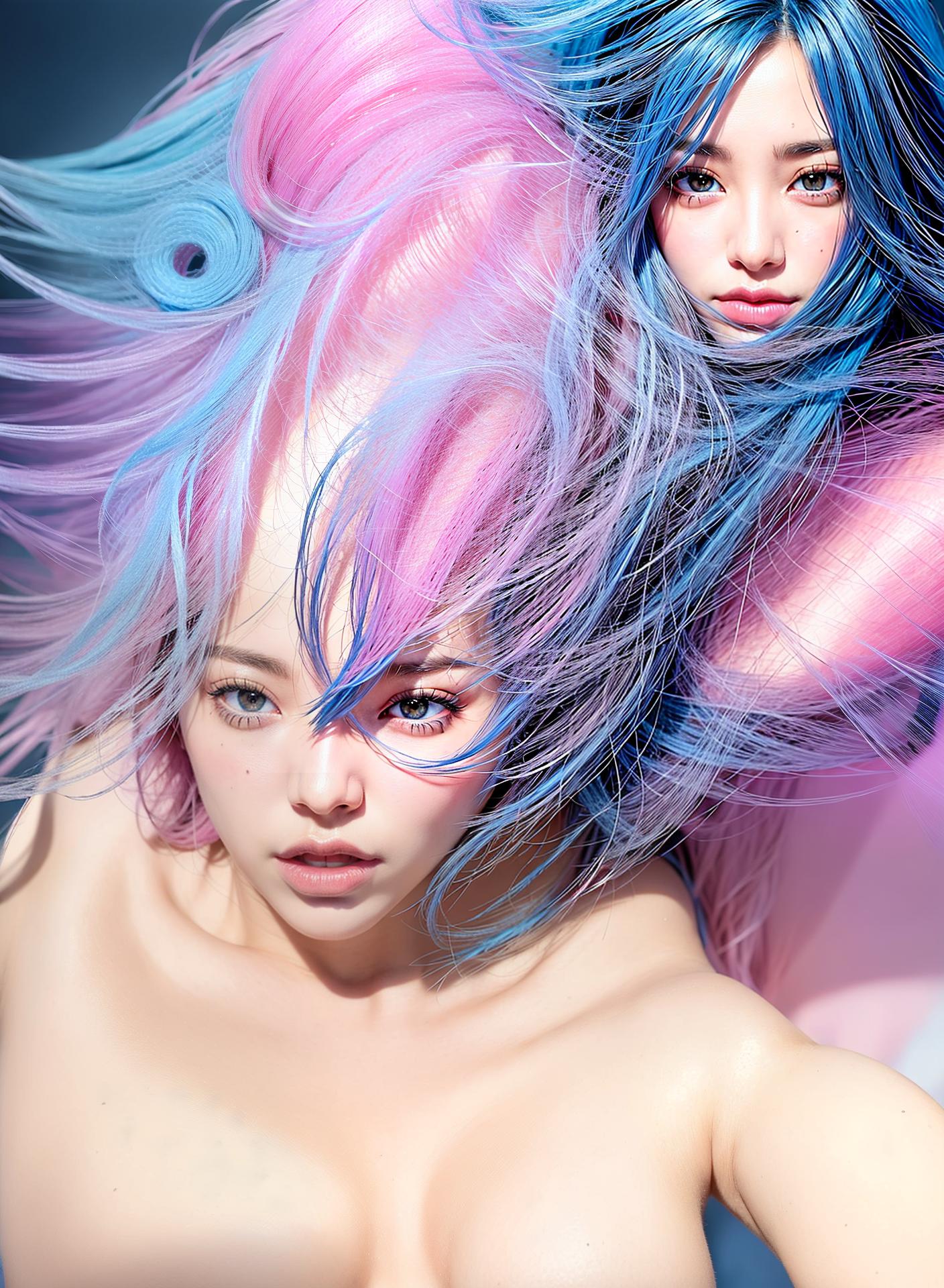  Pussy erotic pink and blue hair color, (Masterpiece, BestQuality:1.3), (ultra detailed:1.2), (hyperrealistic:1.3), (RAW photo:1.2),High detail RAW color photo, professional photograph, (Photorealistic:1.4), (realistic:1.4), ,professional lighting, (japanese), beautiful face, (realistic face)