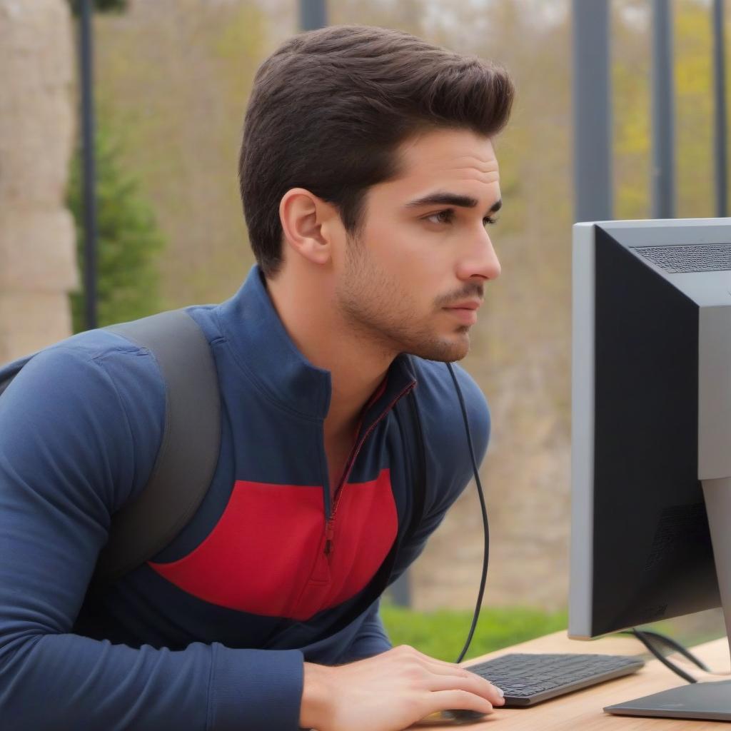  portray the young man tired, at a later time sits at the computer