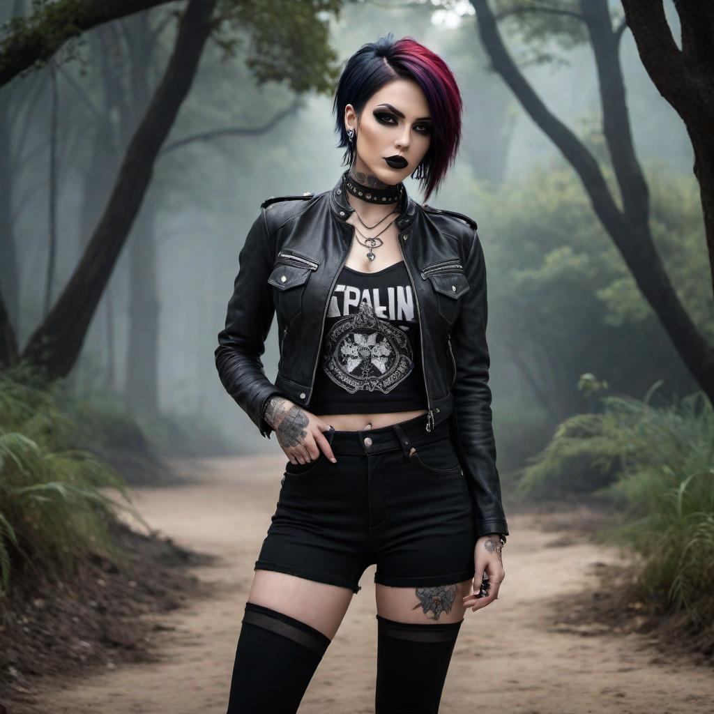  An image of an emo with unique and stylish hair, dressed in dark and edgy clothing, showcasing her piercings. She has a confident and rebellious expression on her face, with a background that complements her emo aesthetic. hyperrealistic, full body, detailed clothing, highly detailed, cinematic lighting, stunningly beautiful, intricate, sharp focus, f/1. 8, 85mm, (centered image composition), (professionally color graded), ((bright soft diffused light)), volumetric fog, trending on instagram, trending on tumblr, HDR 4K, 8K