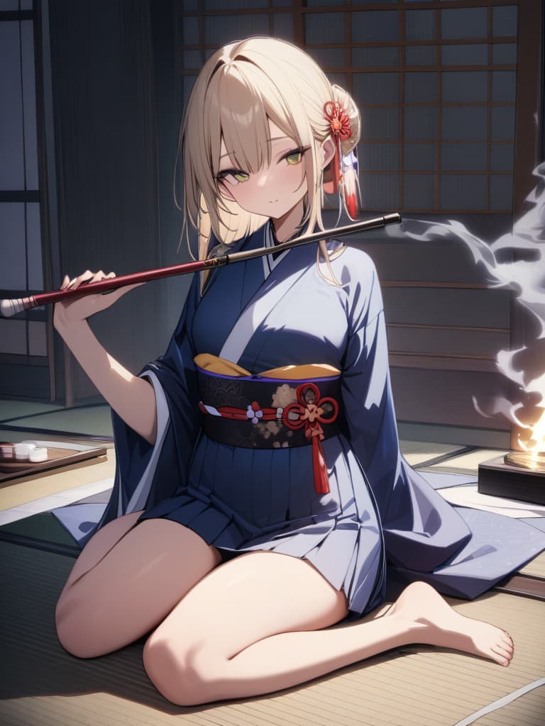  ultra detailed:1.2masterpiece:1.2,best quality,masterpiece,bestquality,hdr:1.1,8k:1.1,very cute girl:1.3,(Japanese smoke pipe:1.7),(holding,Japanese smoke pipe:1.5)blonde hair:1.3,kimono:1.3,sitting wariza:1.5,smoker:1.4, masterpiece, best quality,8k,ultra detailed,high resolution,an extremely delicate and beautiful,hyper detail