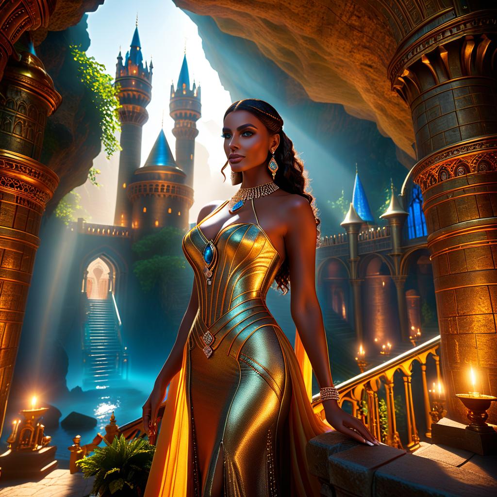  ethereal fantasy concept art of ((The building of the Palace of the Queen of Sheba)). On a square base stood a round four storey tower topped with crenellations. The tower was adorned with arches of blown glass that supported balconies overlooking the city. The railings and walls were studded with sapphires, diamonds and rubies. The golden and silver roofs shone dimly in the bluish sparkles that glittered beneath the vaults of the cave. Translated with DeepL.com (free version) . magnificent, celestial, ethereal, painterly, epic, majestic, magical, fantasy art, cover art, dreamy, hkmagic, GLOWNEON hyperrealistic, full body, detailed clothing, highly detailed, cinematic lighting, stunningly beautiful, intricate, sharp focus, f/1. 8, 85mm, (centered image composition), (professionally color graded), ((bright soft diffused light)), volumetric fog, trending on instagram, trending on tumblr, HDR 4K, 8K