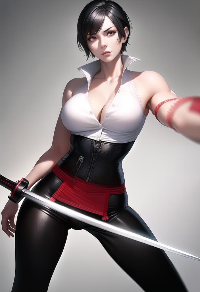  black hair, very short hair, woman, older sister, mature, white dress shirt, red corset, black leather pants, long Japanese sword, muscular, accurate eyes, accurate hands, Japanese armor on shoulders and arms, (Masterpiece, BestQuality:1.3), (ultra detailed:1.2), (hyperrealistic:1.3), (RAW photo:1.2),High detail RAW color photo, professional photograph, (Photorealistic:1.4), (realistic:1.4), ,professional lighting, (japanese), beautiful face, (realistic face)