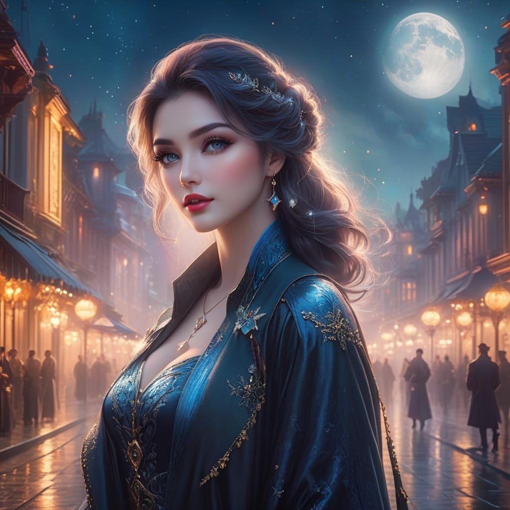  exaggerated face looking at camera, moon, stars, evening city, lights fairy , 20s , attractive, gorgeous, bright eyes, plump lips, ethereal fantasy hyper detailed mist Thomas Kinkade hyperrealistic, full body, detailed clothing, highly detailed, cinematic lighting, stunningly beautiful, intricate, sharp focus, f/1. 8, 85mm, (centered image composition), (professionally color graded), ((bright soft diffused light)), volumetric fog, trending on instagram, trending on tumblr, HDR 4K, 8K