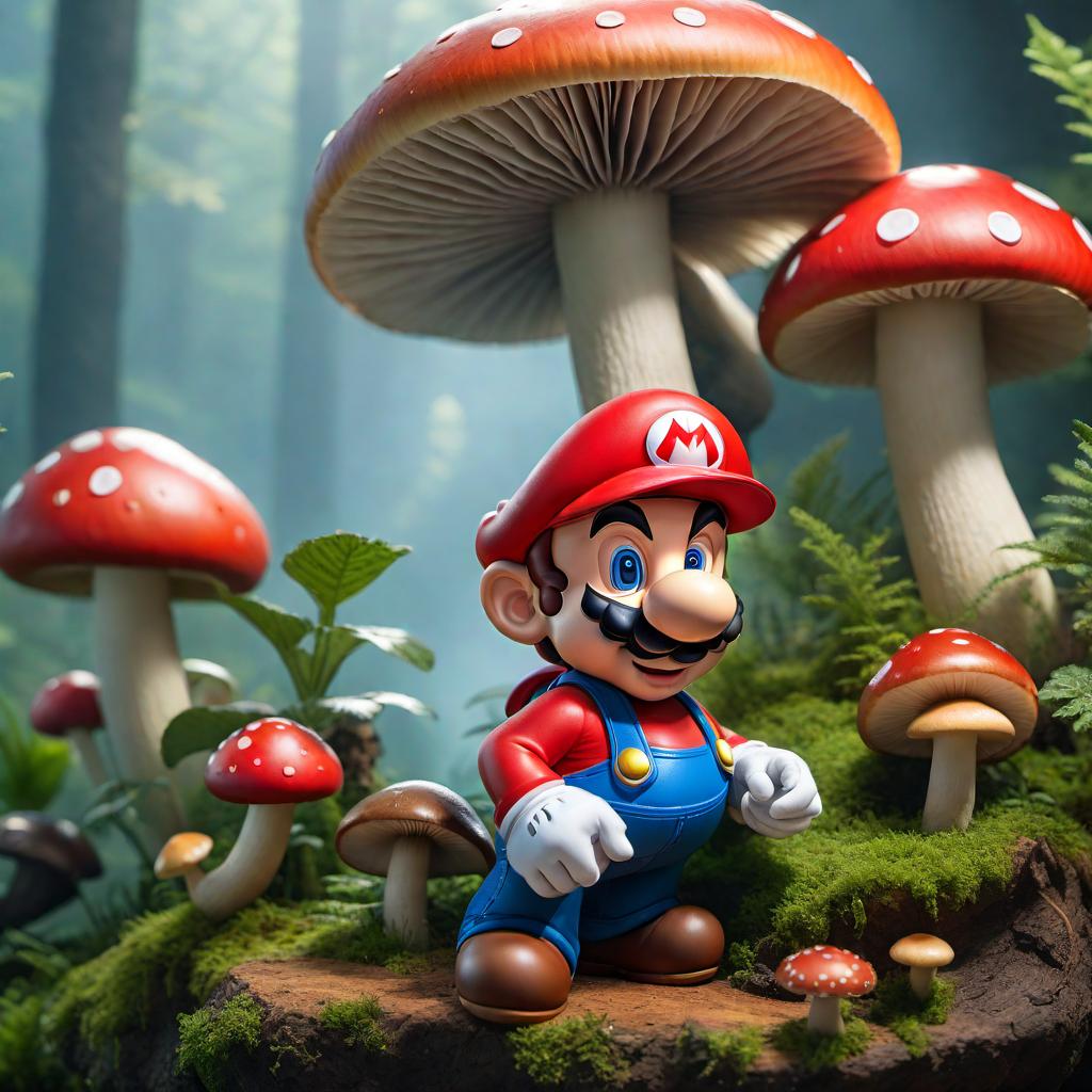  An image of a cartoon character resembling Mario from a popular video game, sitting on a mushroom and smoking a bong in a relaxed setting with colorful backgrounds. hyperrealistic, full body, detailed clothing, highly detailed, cinematic lighting, stunningly beautiful, intricate, sharp focus, f/1. 8, 85mm, (centered image composition), (professionally color graded), ((bright soft diffused light)), volumetric fog, trending on instagram, trending on tumblr, HDR 4K, 8K