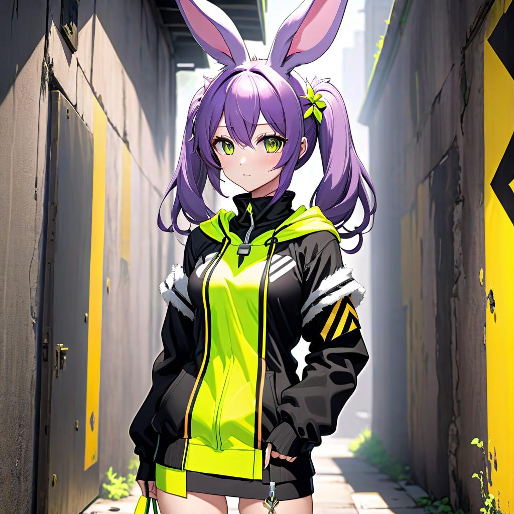  anime artwork A furry girl with violet bunny ears and two bright green tails stands upright against a wall with yellow warning stripes in a 2yk style black and white outfit. . anime style, key visual, vibrant, studio anime, highly detailed hyperrealistic, full body, detailed clothing, highly detailed, cinematic lighting, stunningly beautiful, intricate, sharp focus, f/1. 8, 85mm, (centered image composition), (professionally color graded), ((bright soft diffused light)), volumetric fog, trending on instagram, trending on tumblr, HDR 4K, 8K