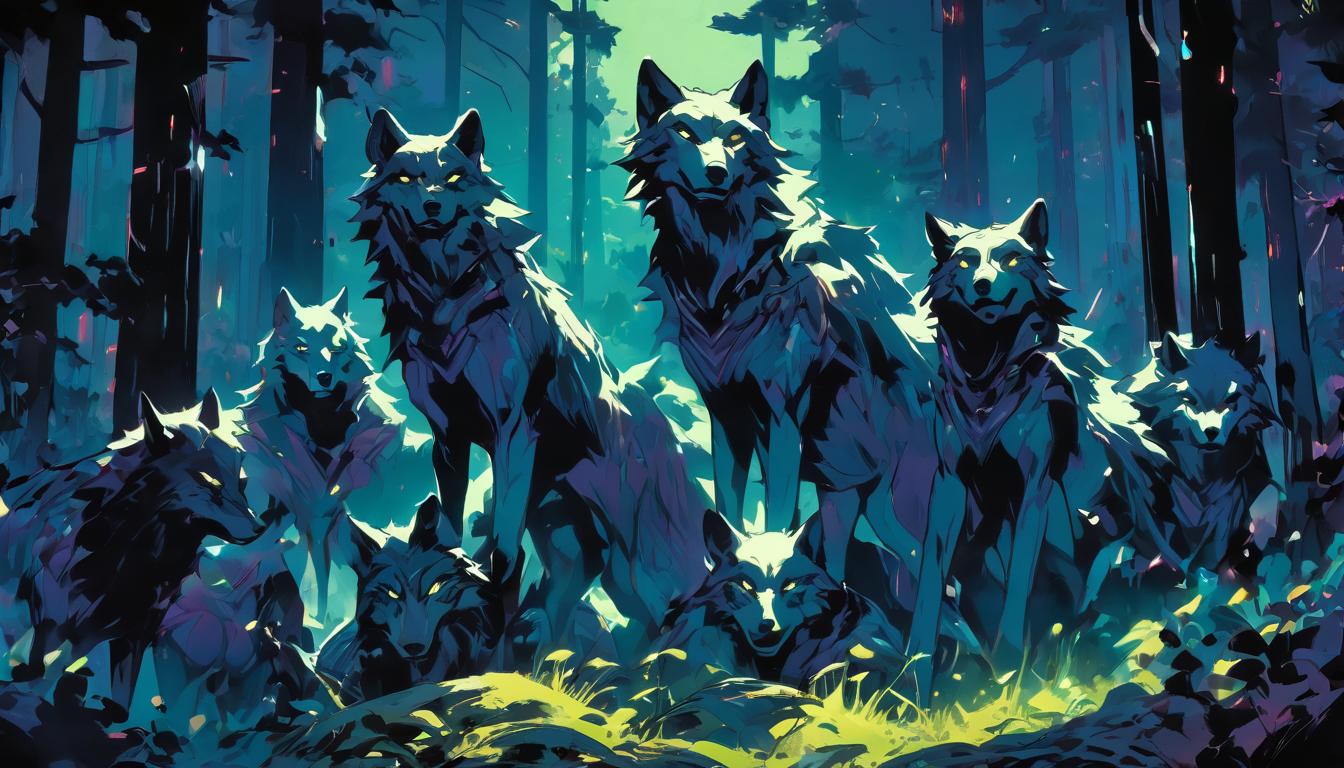  hyperrealism,fantasy aestheticA gathering of wolves under moonlight, expressions of solidarity and support, background of lush forest details illuminated by soft light, celebration, resilience, high tech clothing clad in sleek, futuristic costume with metallic accents and form fitting designs, marvel superhero comics style, unreal engine rendering