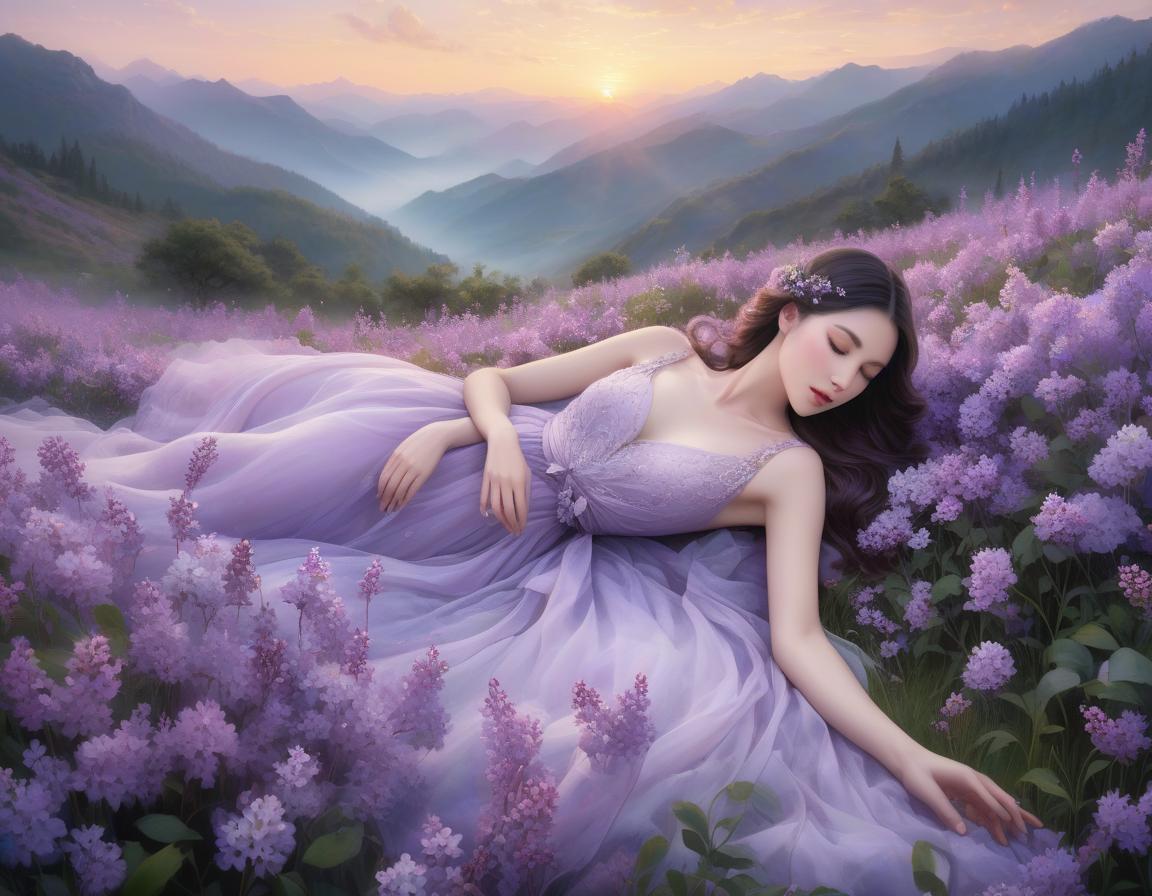  A serene painting of a girl in a lilac dress, lying in a field of purple flowers with mountains and a sunset in the background. tranquility and beauty, with elements like ethereal violet grass, tiny flowers, and soft winds. The artwork of Yelena Yushina and Kaoru Yamada is noted for its watercolor style and delicate details. The overall ambiance is described as dreamy, magical, and cozy, with a focus on soft colors and misty effects. The imagery evokes a sense of realism and elegance, with intricate and beautiful elements like blossoms and snow. hyperrealistic, full body, detailed clothing, highly detailed, cinematic lighting, stunningly beautiful, intricate, sharp focus, f/1. 8, 85mm, (centered image composition), (professionally color graded), ((bright soft diffused light)), volumetric fog, trending on instagram, trending on tumblr, HDR 4K, 8K