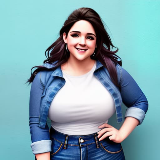  Generar una imagen de una mujer gordita hermosa sonriente cabello largo hasta los hombros vestida con una blusa fucsia y un jean azul parada en cerca a una pared blanca de Toma de cuerpo completo