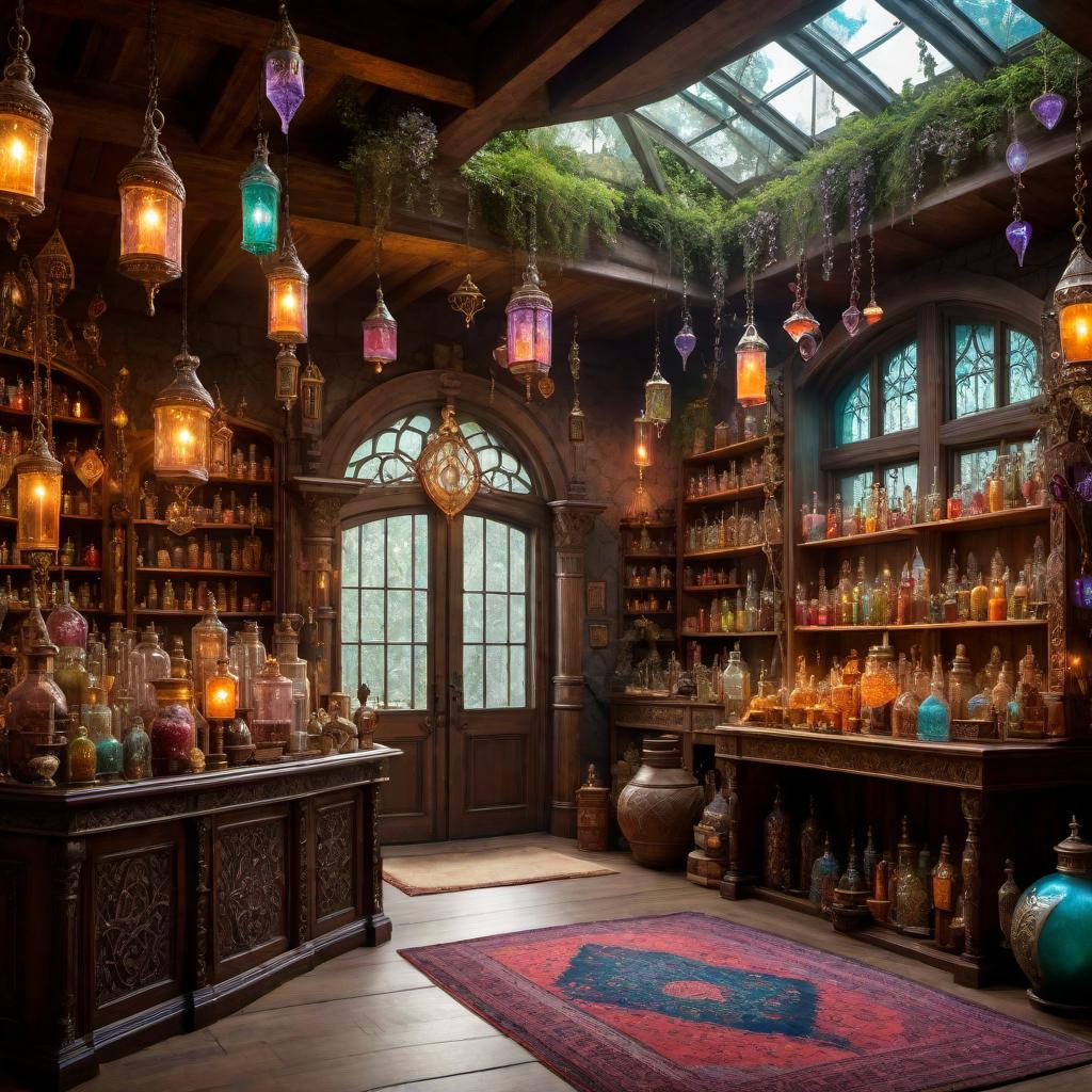  An enchanting and whimsical magic shop located on a mystical planet, with colorful potions, spellbooks, and mystical artifacts on display. The shop is decorated with magical symbols and glowing crystals, creating a magical and inviting atmosphere. hyperrealistic, full body, detailed clothing, highly detailed, cinematic lighting, stunningly beautiful, intricate, sharp focus, f/1. 8, 85mm, (centered image composition), (professionally color graded), ((bright soft diffused light)), volumetric fog, trending on instagram, trending on tumblr, HDR 4K, 8K