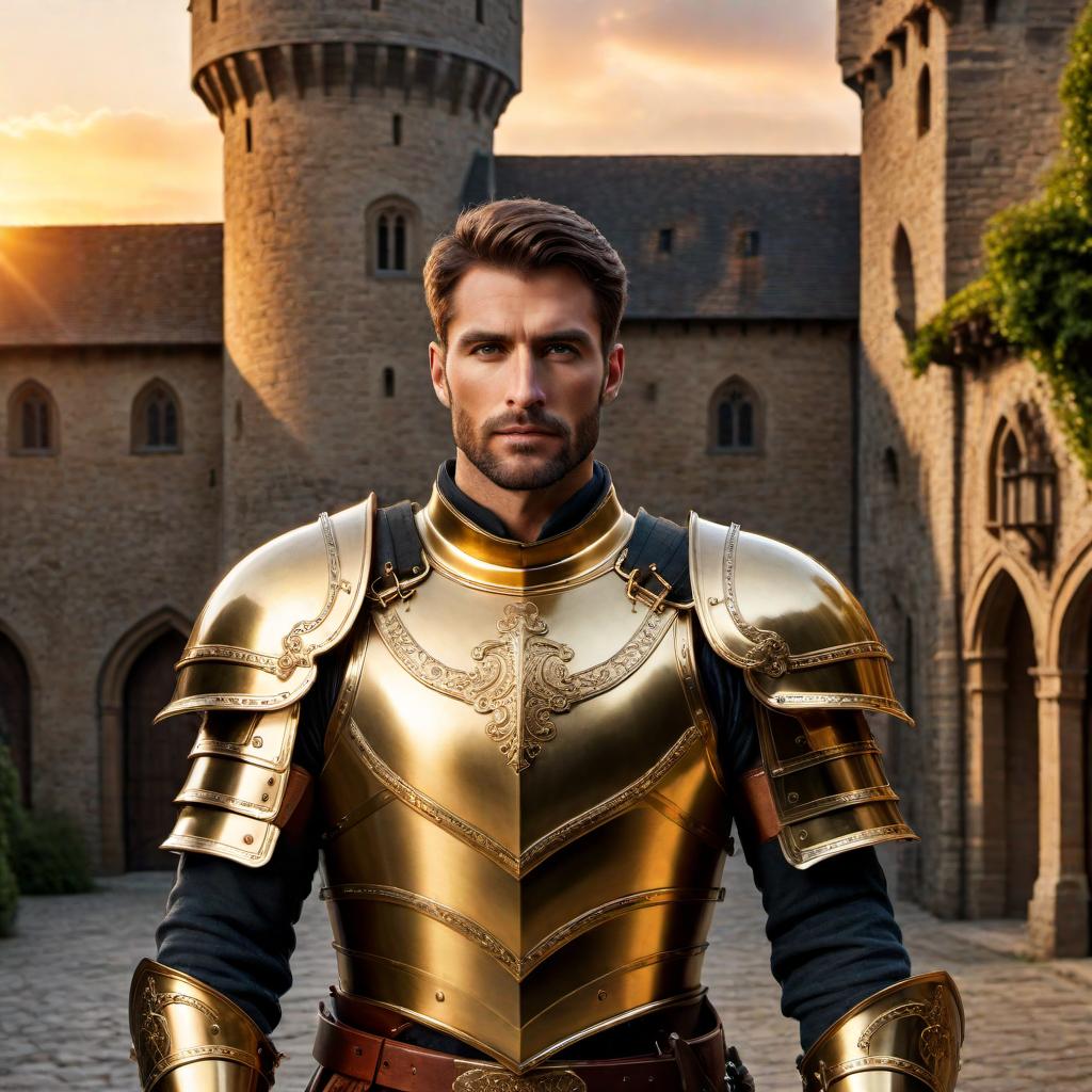  A brave knight in shining gold armor, holding a sword and shield, standing in a medieval castle courtyard with a dramatic sunset in the background. hyperrealistic, full body, detailed clothing, highly detailed, cinematic lighting, stunningly beautiful, intricate, sharp focus, f/1. 8, 85mm, (centered image composition), (professionally color graded), ((bright soft diffused light)), volumetric fog, trending on instagram, trending on tumblr, HDR 4K, 8K