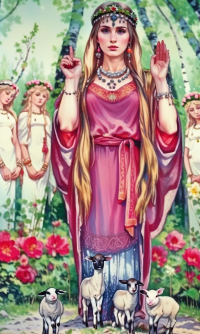  cinematic photo A young, beautiful, blooming ancient Slavic woman, who has a headband decorated with pearls and stones on her head, like a crown, stands tall against the background of a birch grove and looks straight. Her right hand is clenched into a fist and raised at shoulder level. The left arm is raised at shoulder level and the palm looks straight. Flowers are blooming at her feet and fruits are lying and newborn lambs are running and newborn calves are running and newborn piglets are running . 35mm photograph, film, bokeh, professional, 4k, highly detailed, hkmagic hyperrealistic, full body, detailed clothing, highly detailed, cinematic lighting, stunningly beautiful, intricate, sharp focus, f/1. 8, 85mm, (centered image composition), (professionally color graded), ((bright soft diffused light)), volumetric fog, trending on instagram, trending on tumblr, HDR 4K, 8K