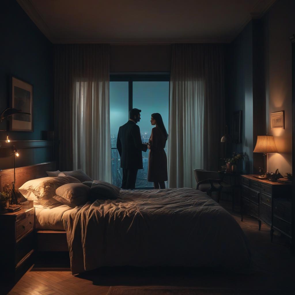  cinematic photo A man and a woman in a bedroom in total darkness, only their silhouettes can be seen. . 35mm photograph, film, bokeh, professional, 4k, highly detailed hyperrealistic, full body, detailed clothing, highly detailed, cinematic lighting, stunningly beautiful, intricate, sharp focus, f/1. 8, 85mm, (centered image composition), (professionally color graded), ((bright soft diffused light)), volumetric fog, trending on instagram, trending on tumblr, HDR 4K, 8K