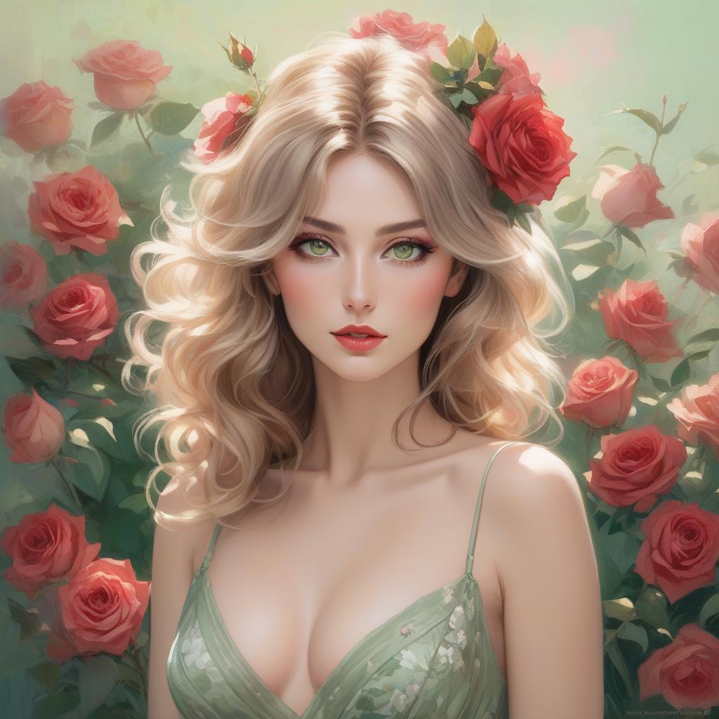  abstract expressionist painting A digital portrait of a woman with green eyes, wavy hair, and flowers adorning her hair and holding a bouquet of roses. Full body portrait of a young woman with a serene and gentle expression. She has soft facial features, large, almond shaped green eyes with dark lashes, and full, natural red lips. Her skin is fair with a warm undertone, and her face is framed by voluminous, wavy, ash blonde hair with lighter highlights, loosely styled, with a few delicate flowers on the right side above her ear. The subject is wearing a light, earth toned summer dress with delicate straps and a plunging neckline. The dress appears to be made of a flowing, sheer material with a subtle floral pattern, and features delicate la hyperrealistic, full body, detailed clothing, highly detailed, cinematic lighting, stunningly beautiful, intricate, sharp focus, f/1. 8, 85mm, (centered image composition), (professionally color graded), ((bright soft diffused light)), volumetric fog, trending on instagram, trending on tumblr, HDR 4K, 8K