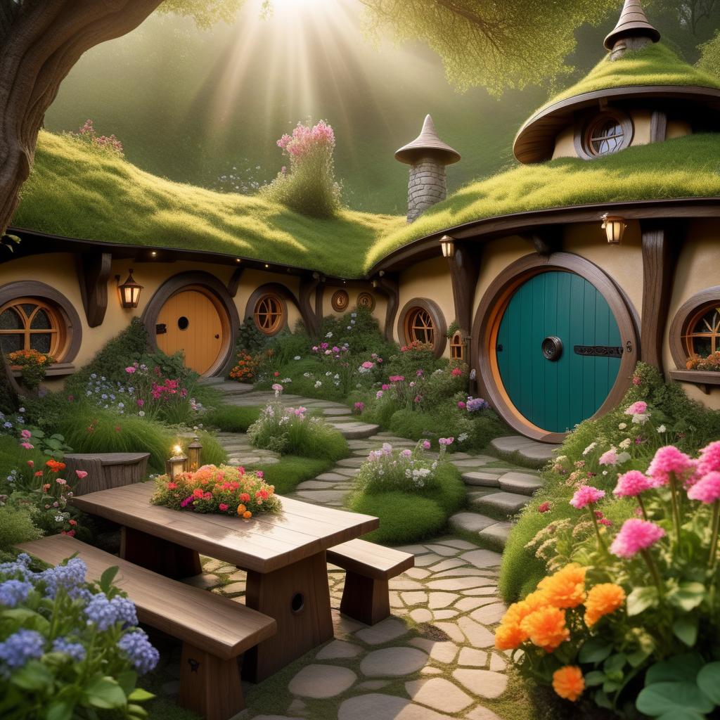  A whimsical and cozy background scene featuring a Hobbit house. The table is set outside, surrounded by lush greenery and colorful flowers. The Hobbit house has a round door and windows, with a charming rustic look. The lighting is warm and inviting, suggesting early morning or late afternoon. The scene includes fantasy elements like winding paths, small lanterns, and perhaps hints of magic like glowing mushrooms or enchanted garden décor. The overall style is fantastical and fairytale-like, evoking a sense of wonder and enchantment. hyperrealistic, full body, detailed clothing, highly detailed, cinematic lighting, stunningly beautiful, intricate, sharp focus, f/1. 8, 85mm, (centered image composition), (professionally color graded), ((bright soft diffused light)), volumetric fog, trending on instagram, trending on tumblr, HDR 4K, 8K