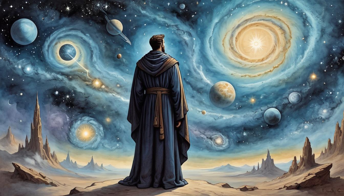  on parchment, surrealism+++, A robed figure gazing thoughtfully into the distance, cosmic symbols floating around, background of galaxies and nebulae, contemplative mood, vast universe(mysterious, provocative, symbolic,muted color)+++