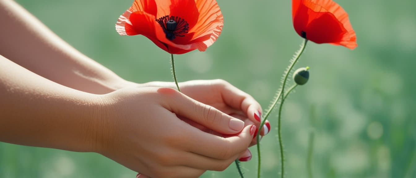  Macro Photography, Beautiful woman hands holding a bouquet of red poppy flowers background as a symbol of both remembrance and hope for a peaceful future, close up, macro 100mm, macro photography