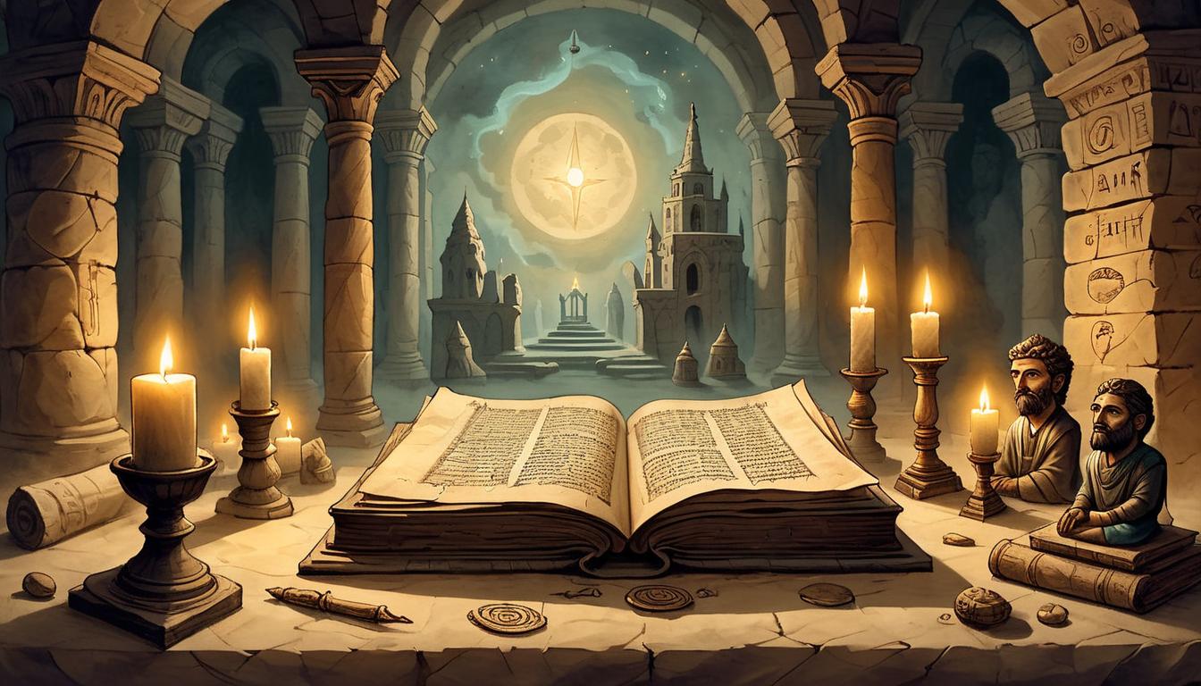  on parchment, surrealism+++, Scroll unrolled upon a stone altar, illuminated by candlelight, ancient text glowing. Surrounding the scroll are ancient artifacts, reflective of a significant influence, sacred history(mysterious, provocative, symbolic,muted color)+++