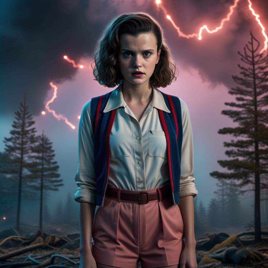  Eleven from Stranger Things, with her iconic look from the show. She should be wearing her typical outfit and showcasing her telekinetic powers. The background should reflect the eerie atmosphere of the series with hints of the Upside Down. hyperrealistic, full body, detailed clothing, highly detailed, cinematic lighting, stunningly beautiful, intricate, sharp focus, f/1. 8, 85mm, (centered image composition), (professionally color graded), ((bright soft diffused light)), volumetric fog, trending on instagram, trending on tumblr, HDR 4K, 8K