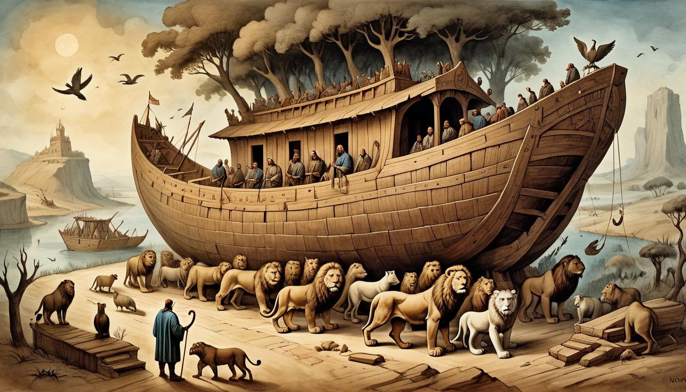  on parchment, surrealism+++, Noah carefully crafting the ark, a large wooden hull taking shape, animals like lions and doves approaching in pairs, calm concentration, dedication, early morning light(mysterious, provocative, symbolic,muted color)+++