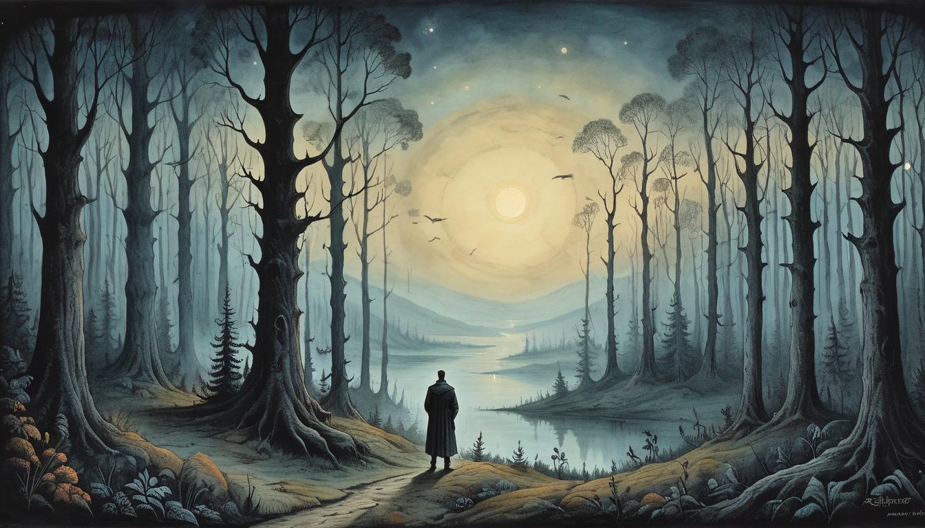  on parchment, surrealism+++, A figure standing at the edge of a twilight forest, looking towards an illuminated horizon, forest dense and dark, sense of awe and contemplation, profound truth(mysterious, provocative, symbolic,muted color)+++