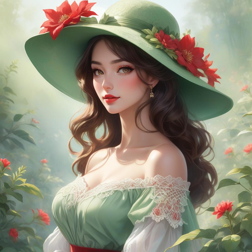  A digital artwork of a young woman with wavy brown hair, wearing a green hat adorned with a red flower, with a soft focus background. Create the image of a young woman with a fair complexion and soft facial features. She has charming almond shaped hazel eyes and full lips that add to her serene expression. Her wavy, dark brown hair falls gracefully under a wide brimmed, light green hat decorated with intricate lace patterns and a delicate red flower. The background merges with her form in a dreamy watercolor blend of green, red and hints of yellow, suggesting a mix of floral and abstract elements. The woman wears an off the shoulder top with a touch of blue, adding to the overall soft and artistic atmosphere of the scene. The composition  hyperrealistic, full body, detailed clothing, highly detailed, cinematic lighting, stunningly beautiful, intricate, sharp focus, f/1. 8, 85mm, (centered image composition), (professionally color graded), ((bright soft diffused light)), volumetric fog, trending on instagram, trending on tumblr, HDR 4K, 8K