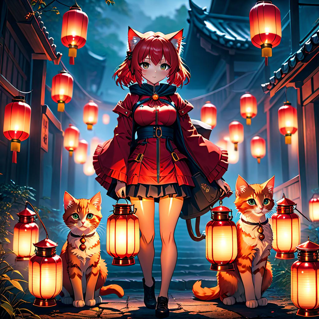  anime artwork Red kittens, holding lanterns, background is dark, theme is searching. . anime style, key visual, vibrant, studio anime, highly detailed hyperrealistic, full body, detailed clothing, highly detailed, cinematic lighting, stunningly beautiful, intricate, sharp focus, f/1. 8, 85mm, (centered image composition), (professionally color graded), ((bright soft diffused light)), volumetric fog, trending on instagram, trending on tumblr, HDR 4K, 8K