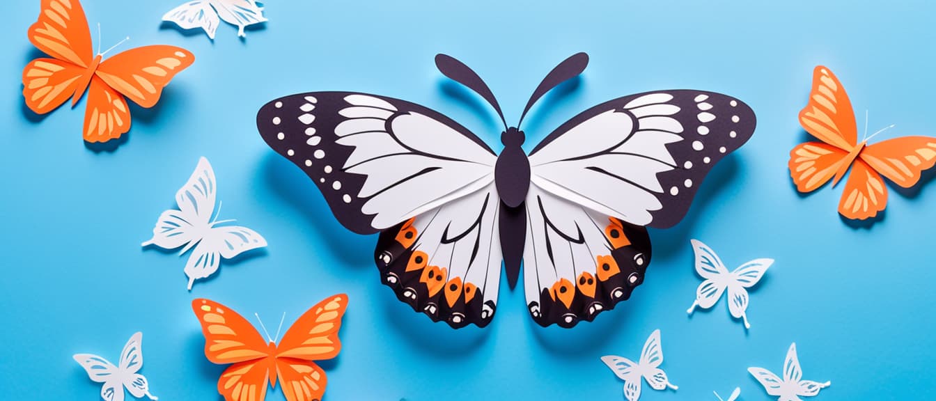  A cute Admiral Butterfly on blue background, paper cut art.