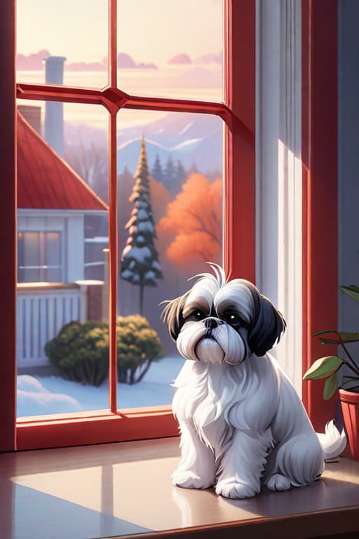  An adorable white Shih Tzu with drooping black ears and a fluffy white tail looking out the window of a modern suburban home. He spots a cat outside the window. Main colors are white black and red. Show dog at a 3/4 back view. Take the cat’s ears off the dog and only show his drooping black ears. Add a branch outside the window with a cat lying on it. Remove cat’s ears from dog. Show branch outside window with a cat on it and cute white Shih Tzu with black drooping ears looking at the cat hyperrealistic, full body, detailed clothing, highly detailed, cinematic lighting, stunningly beautiful, intricate, sharp focus, f/1. 8, 85mm, (centered image composition), (professionally color graded), ((bright soft diffused light)), volumetric fog, trending on instagram, trending on tumblr, HDR 4K, 8K