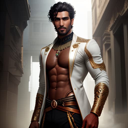  a man with chocolate skin, curly dark hair, Arab appearance, light careless stubble, green eyes, cheerful and brutal hyperrealistic, full body, detailed clothing, highly detailed, cinematic lighting, stunningly beautiful, intricate, sharp focus, f/1. 8, 85mm, (centered image composition), (professionally color graded), ((bright soft diffused light)), volumetric fog, trending on instagram, trending on tumblr, HDR 4K, 8K