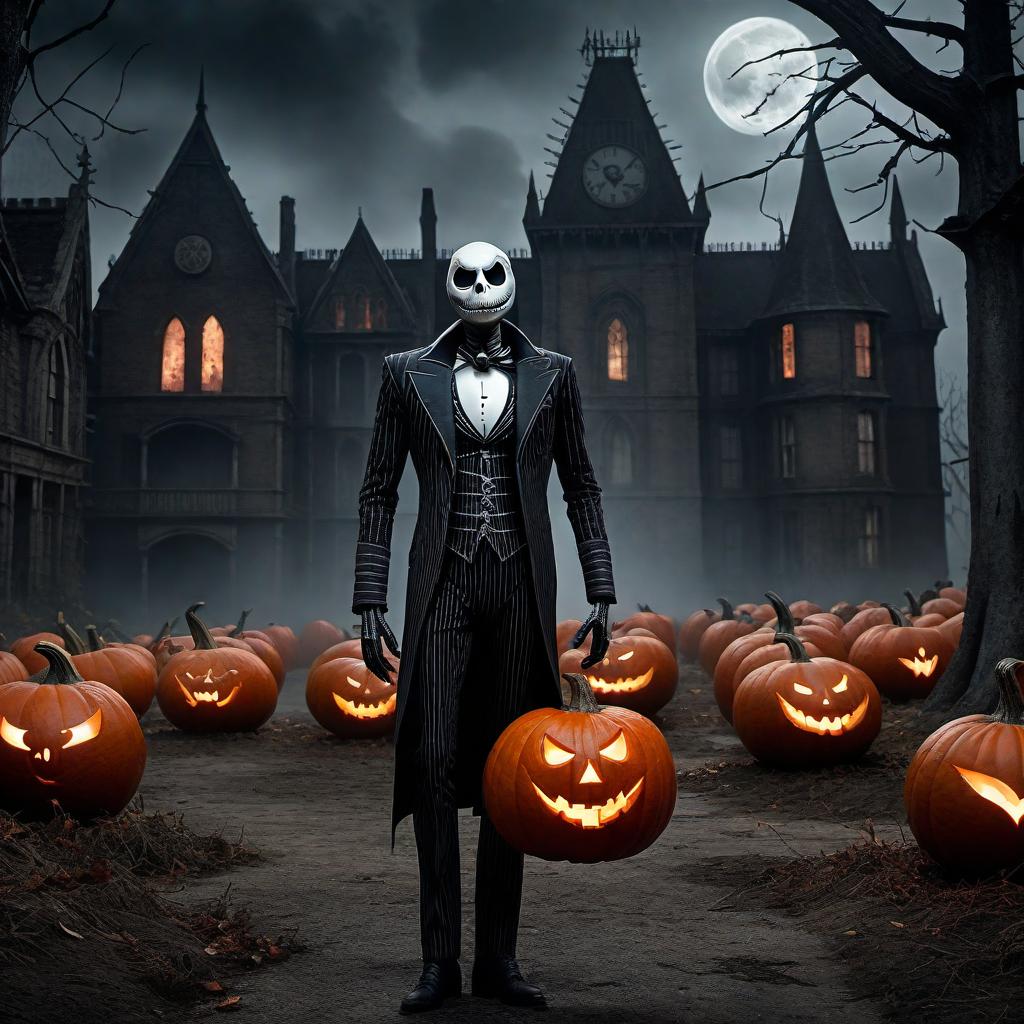  Jack Skellington, known as Jack the Pumpkin King, as an inmate at Arkham Asylum. The scene is set in the dark, eerie halls of Arkham Asylum with Gothic architecture. Jack Skellington is dressed in a tattered straightjacket and has menacing, glowing red eyes. He is surrounded by classic Batman villains like the Joker and Harley Quinn, all in their nightmarish forms. The asylum is filled with eerie, twisted trees and ghostly pumpkins. The atmosphere is haunting, filled with fog, and the color palette is dominated by dark, foreboding hues - blacks, deep reds, and ghostly greys. hyperrealistic, full body, detailed clothing, highly detailed, cinematic lighting, stunningly beautiful, intricate, sharp focus, f/1. 8, 85mm, (centered image composition), (professionally color graded), ((bright soft diffused light)), volumetric fog, trending on instagram, trending on tumblr, HDR 4K, 8K