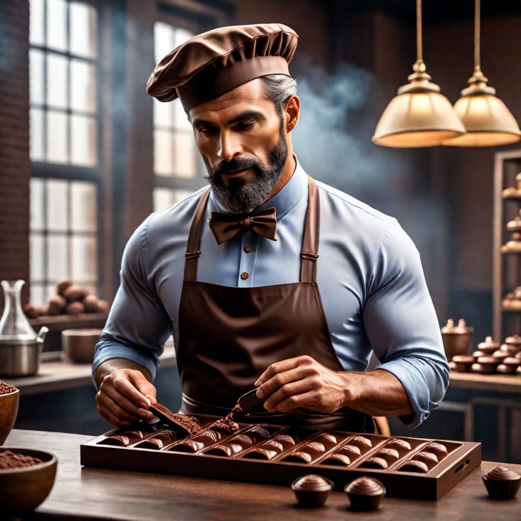  Chocolate maker hyperrealistic, full body, detailed clothing, highly detailed, cinematic lighting, stunningly beautiful, intricate, sharp focus, f/1. 8, 85mm, (centered image composition), (professionally color graded), ((bright soft diffused light)), volumetric fog, trending on instagram, trending on tumblr, HDR 4K, 8K