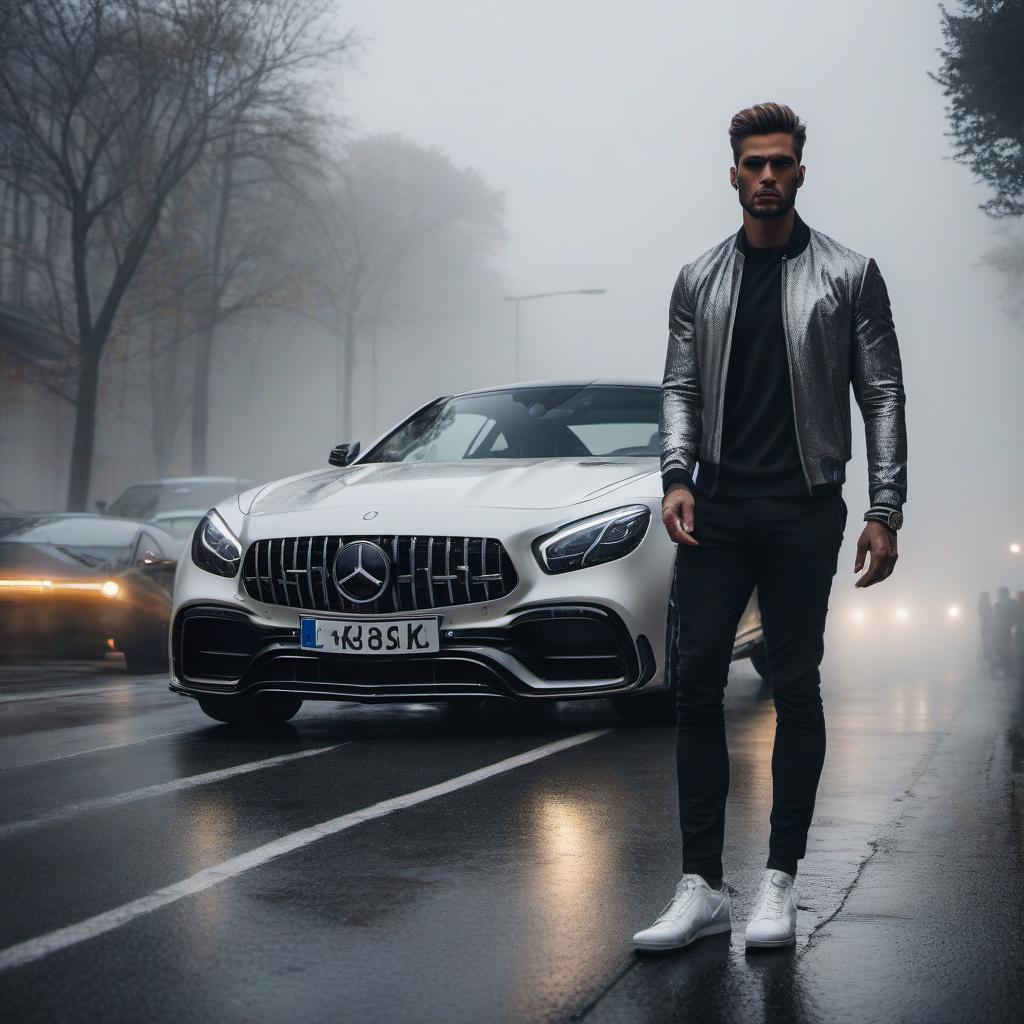  A rich boy in expensive clothing walks towards a Mercedes AMG 63 with a white gold color. hyperrealistic, full body, detailed clothing, highly detailed, cinematic lighting, stunningly beautiful, intricate, sharp focus, f/1. 8, 85mm, (centered image composition), (professionally color graded), ((bright soft diffused light)), volumetric fog, trending on instagram, trending on tumblr, HDR 4K, 8K